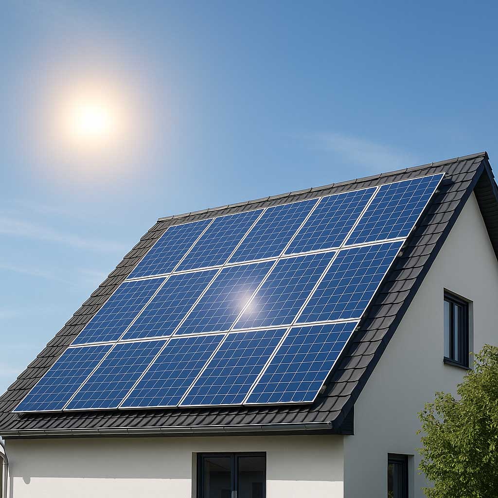 Photovoltaik Anlage auf einem Dach, Sonne scheint darauf.