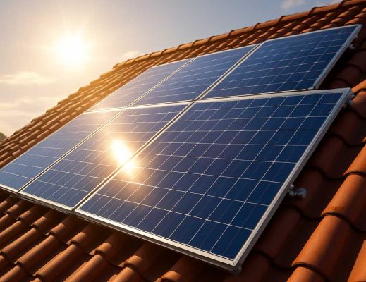 whatis03 Photovoltaic panels mounted on a roof and the sun reflects in the panels